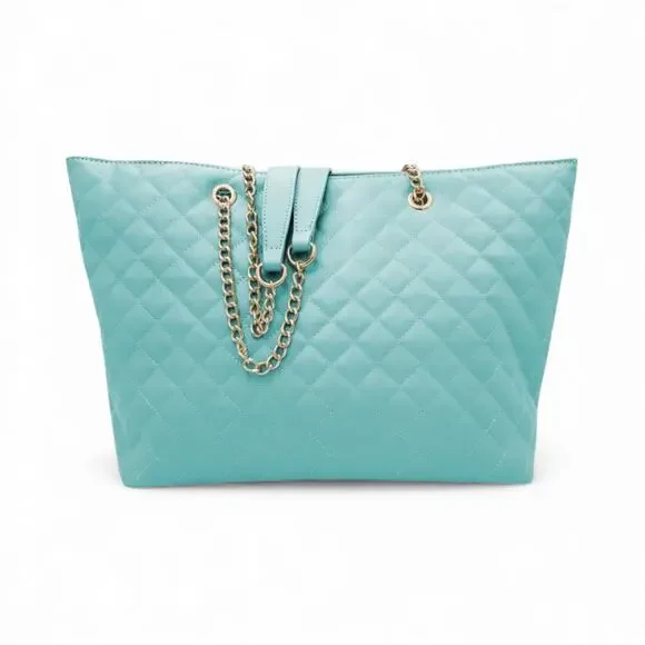 Badgley Mischka Tote Bag Aqua Quilted Chain New With Tags - Picture 4 of 8